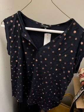 Papermoon Navy V-Neck Blouse with Rose Gold Dot Print